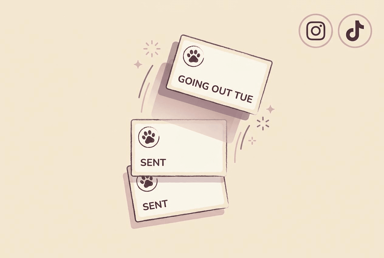 PostPaws cards showing a post going out Tuesday and earlier posts marked sent, with Instagram and TikTok icons